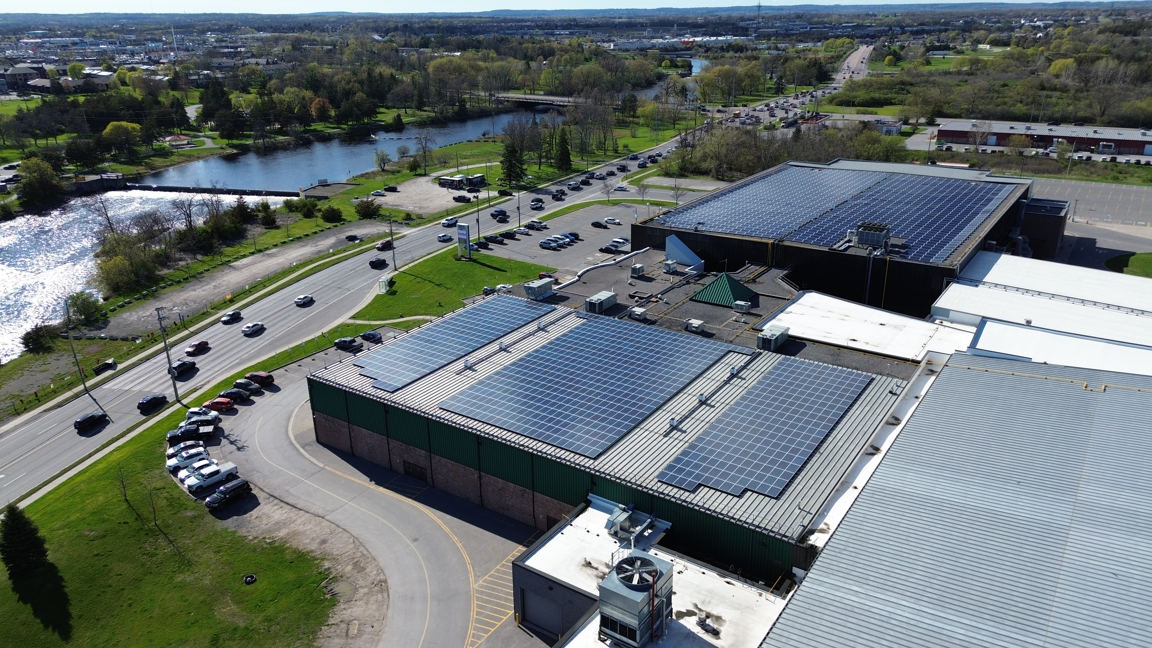 Aerial photo of the solar panels on the Quinte Sports and Wellness Centre