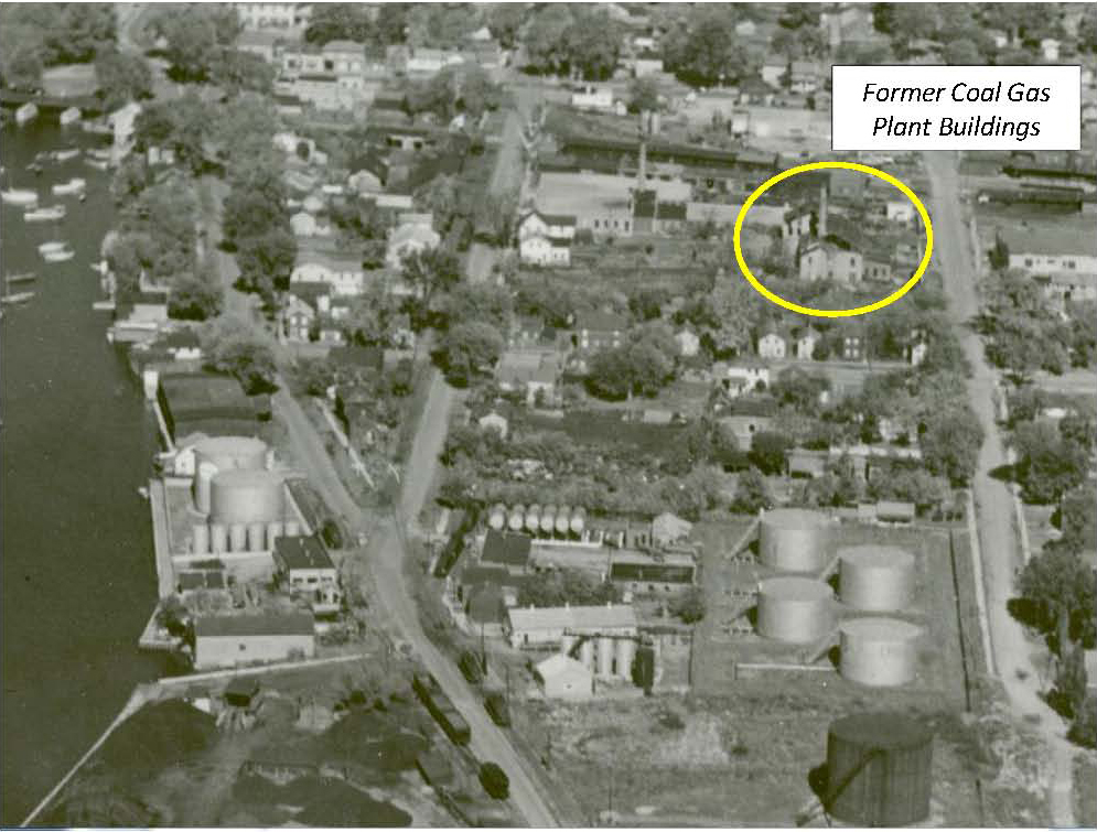 Former coal gas plant buildings. Excerpt from image HC0387A, Community Archives of Belleville and Hastings County, 1948-1950.