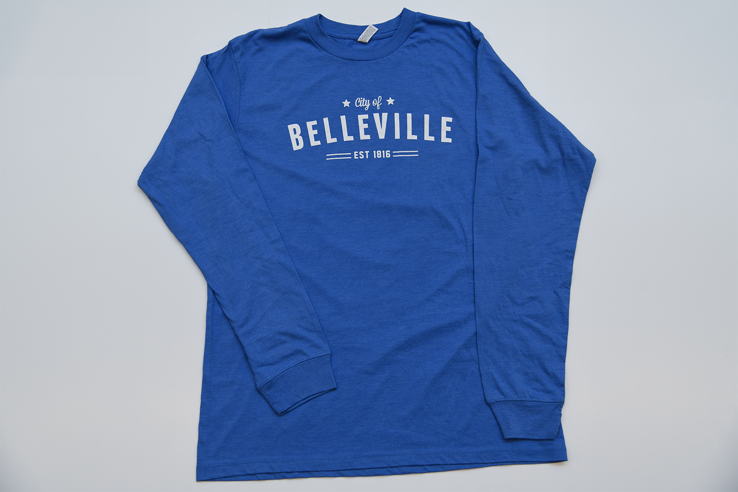 Blue long-sleeve City of Belleville t-shirt.