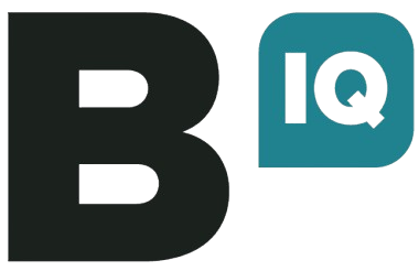 Black coloured letter B with white letters, I and Q on a teal background