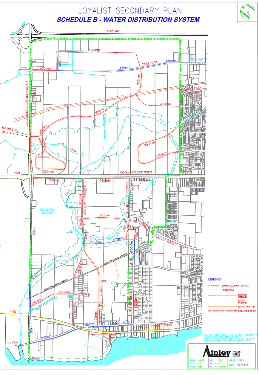 Map showing the water distribution system for the Loyalist Secondary Planning Area