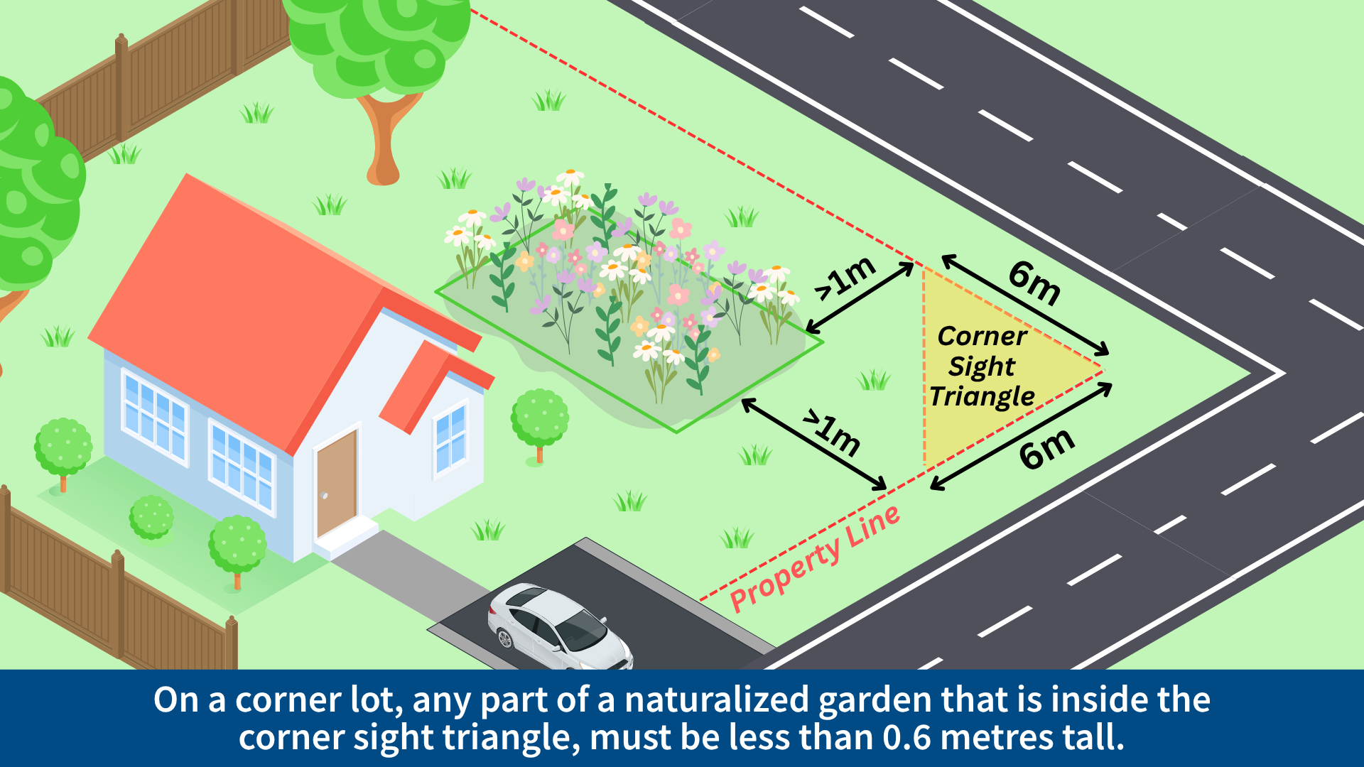 A graphic of a corner lot with a naturalized garden. The naturalized gardne is more than 1 metre away from all property lines. A corner sight triangle is show at the corner of the property lines along the two streets. The triangle is made of two 6 metre lines drawn from the corner of the property lines that follows the property lines and is joined by a third straight line. Any plants within the corner sight triangle must be less than 0.6 metres tall.