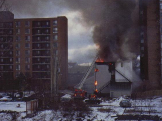 Belevedere Hotel on Fire, picture taken from opposite side of Moira River