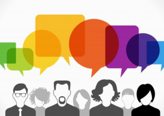 People with speech bubbles above their heads