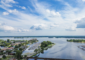 Aerial photo of where the Moira River meets the Bay of Quinte.