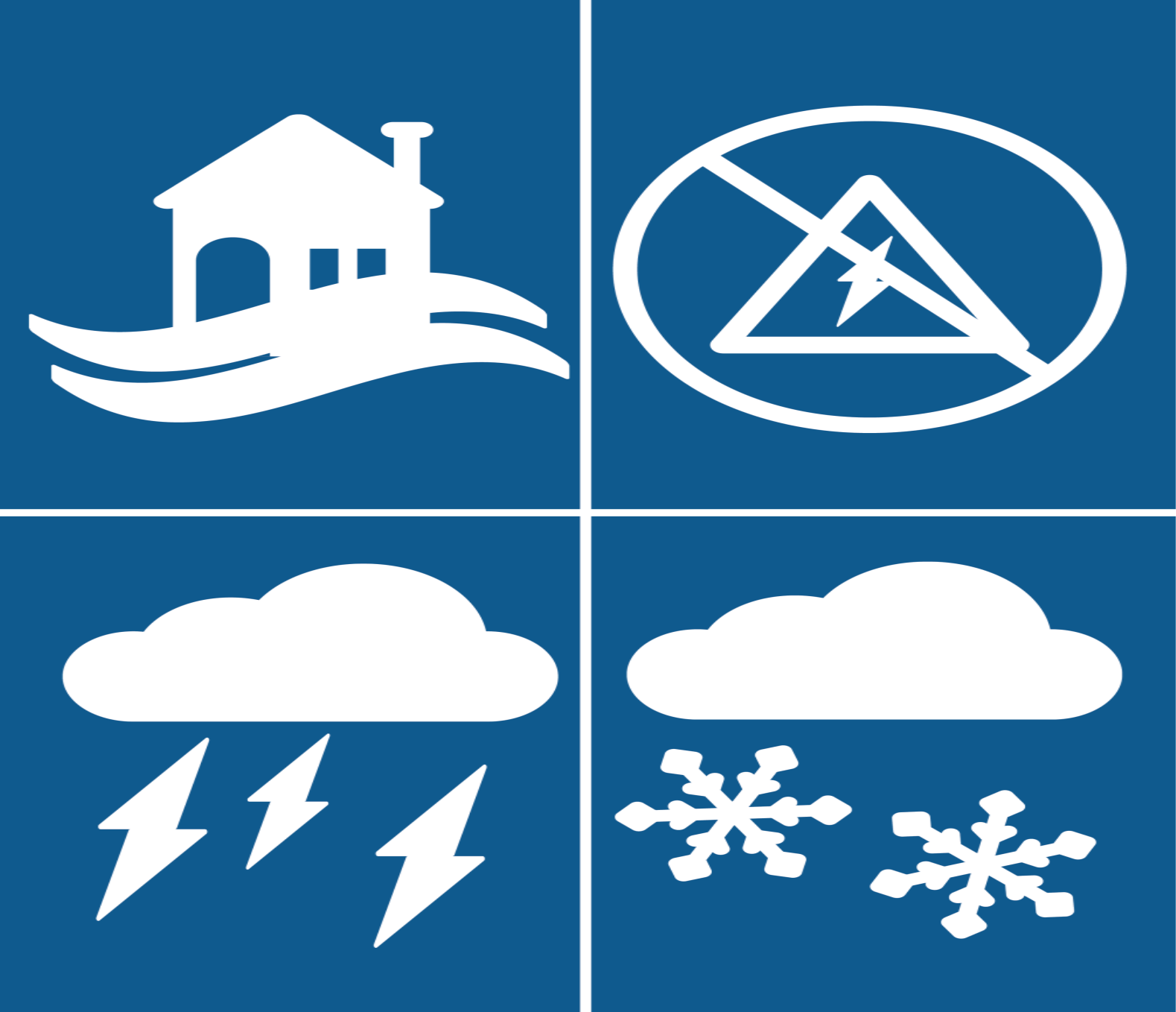 A flooded house, lightning bolt crossed out, cloud with lightning bolts, cloud with snowflakes 