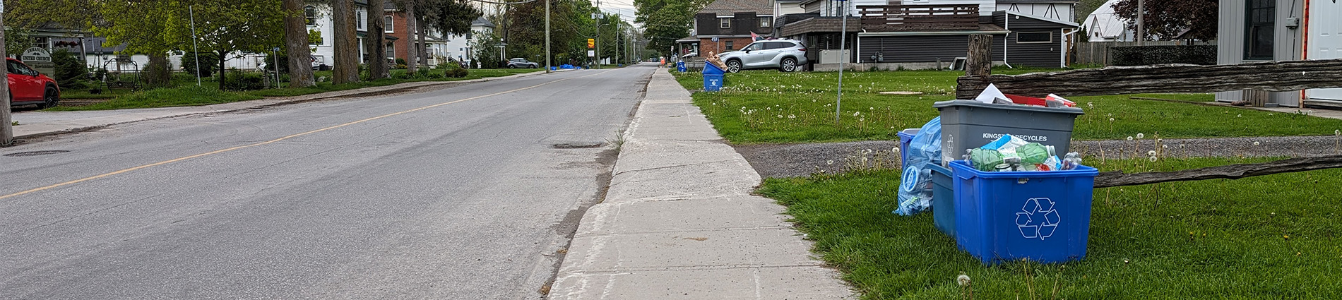 Photo of garbage bag and compost bin at the curb
