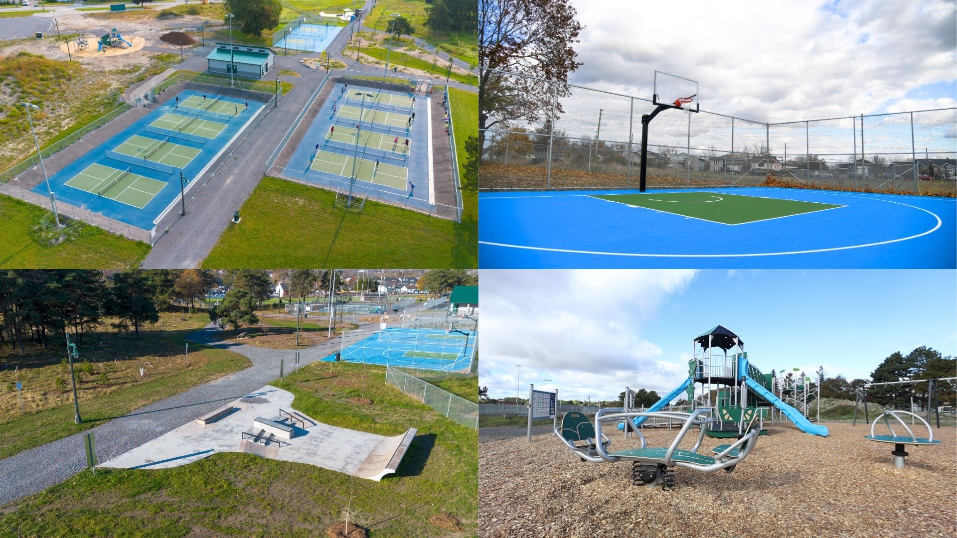 Four photos of the playground, pickleball courts, basketball courts, and skatedot at Clifford Sonny Belch Park.