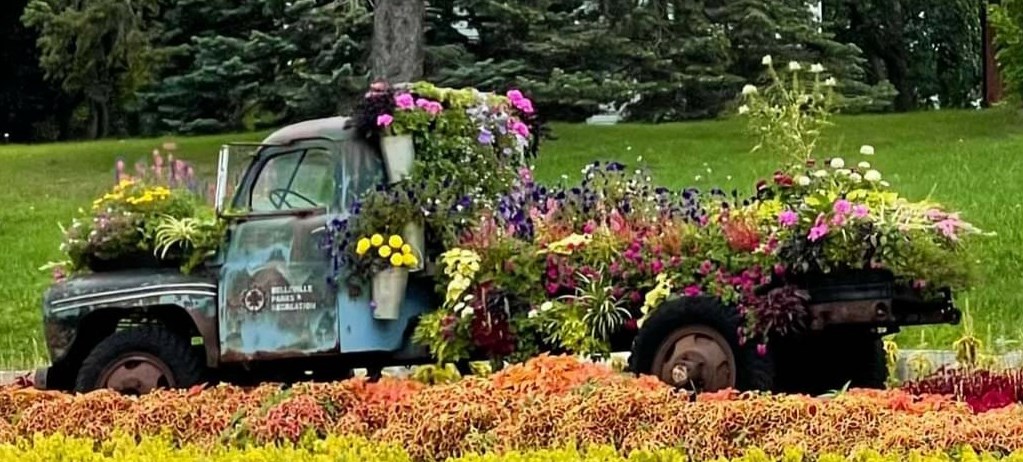 Image of old truck decorated in flowers