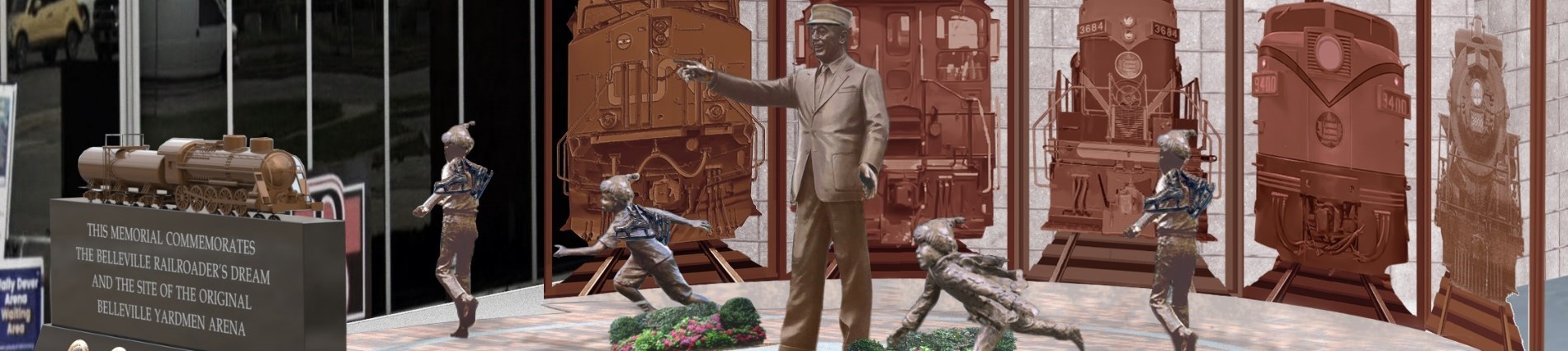 rendering of monument showing trains and railroaders