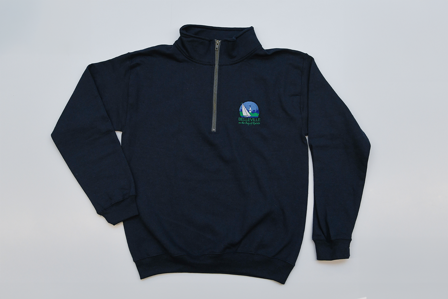 Navy 3/4 zip City of Belleville sweater.