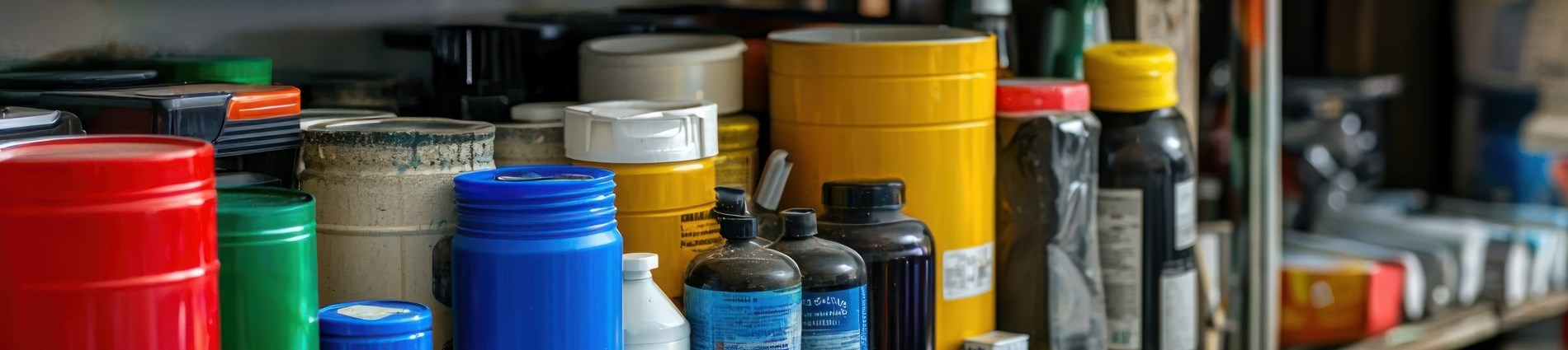 Row of paint cans, containers and bottles on garage shelf.