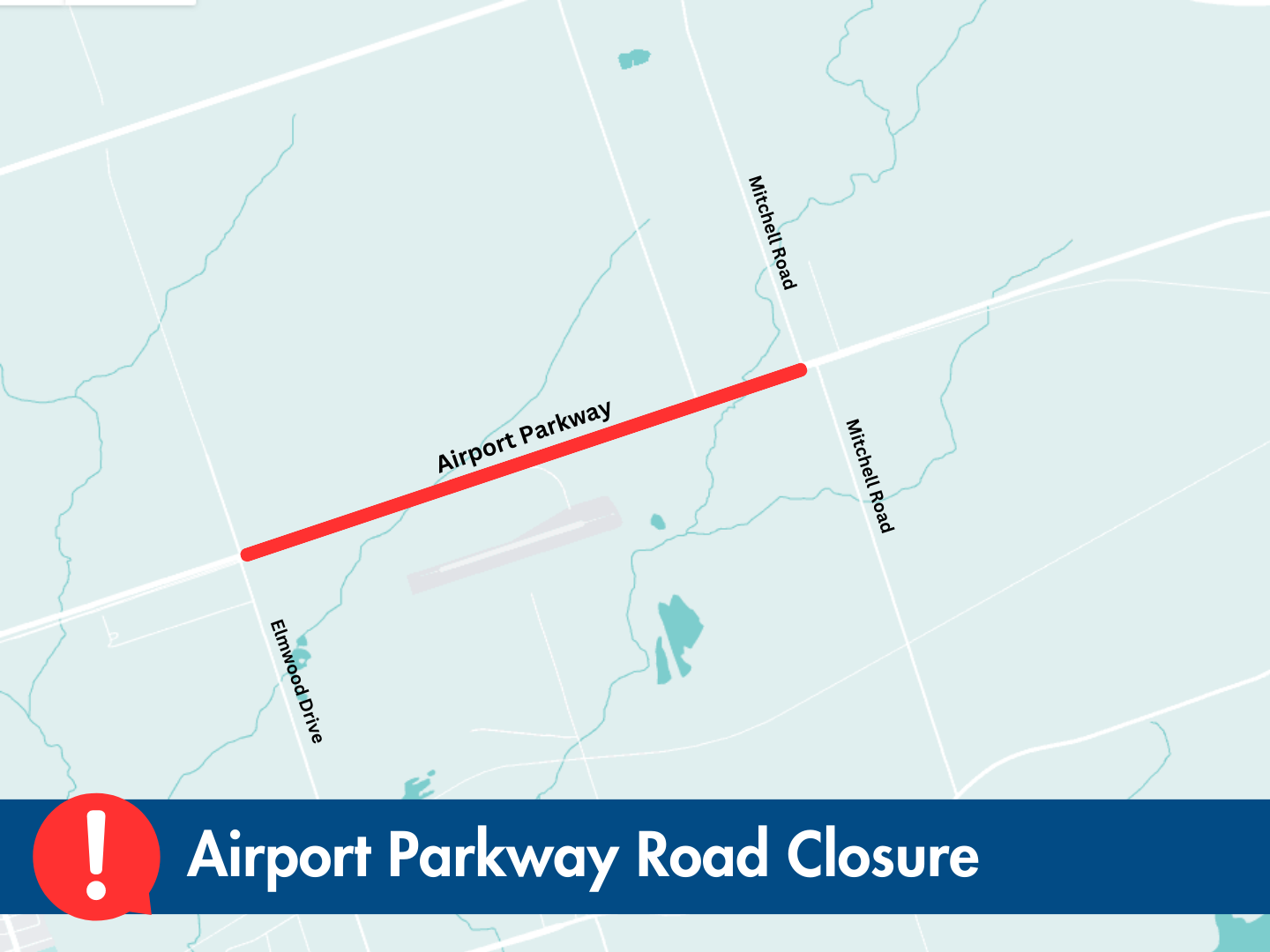 Graphic with a map showing the road closure of Airport Parkway between Elmwood Drive and Mitchell Road
