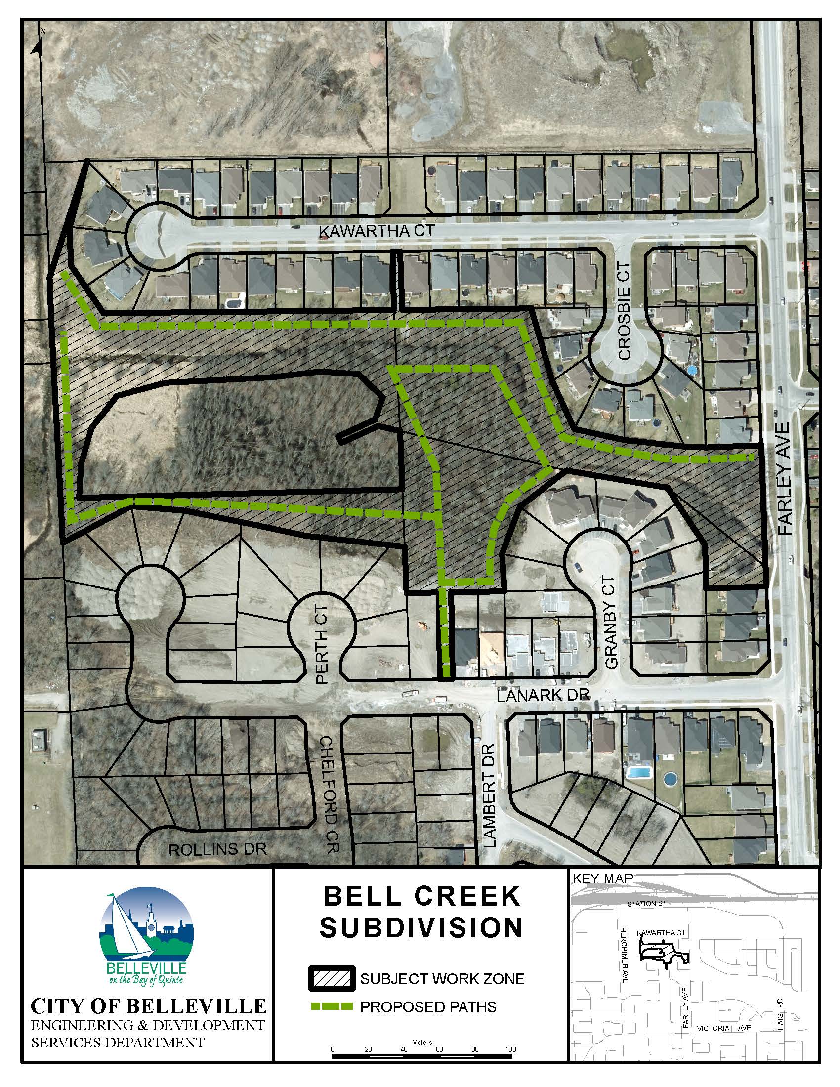 Map indicating subject work zones and access paths in the Bell Creek subdivision.