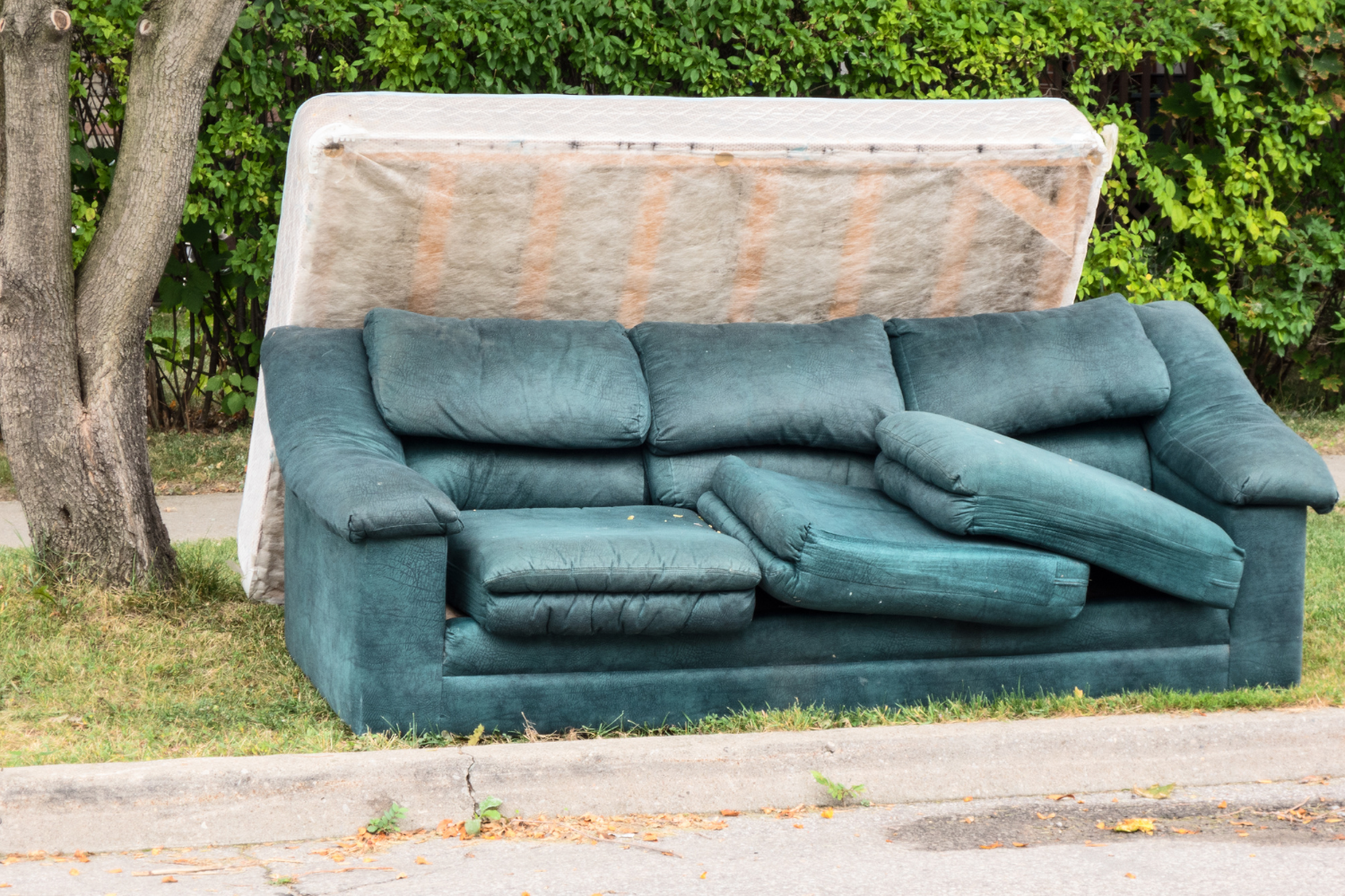 Mattress and sofa on side of street