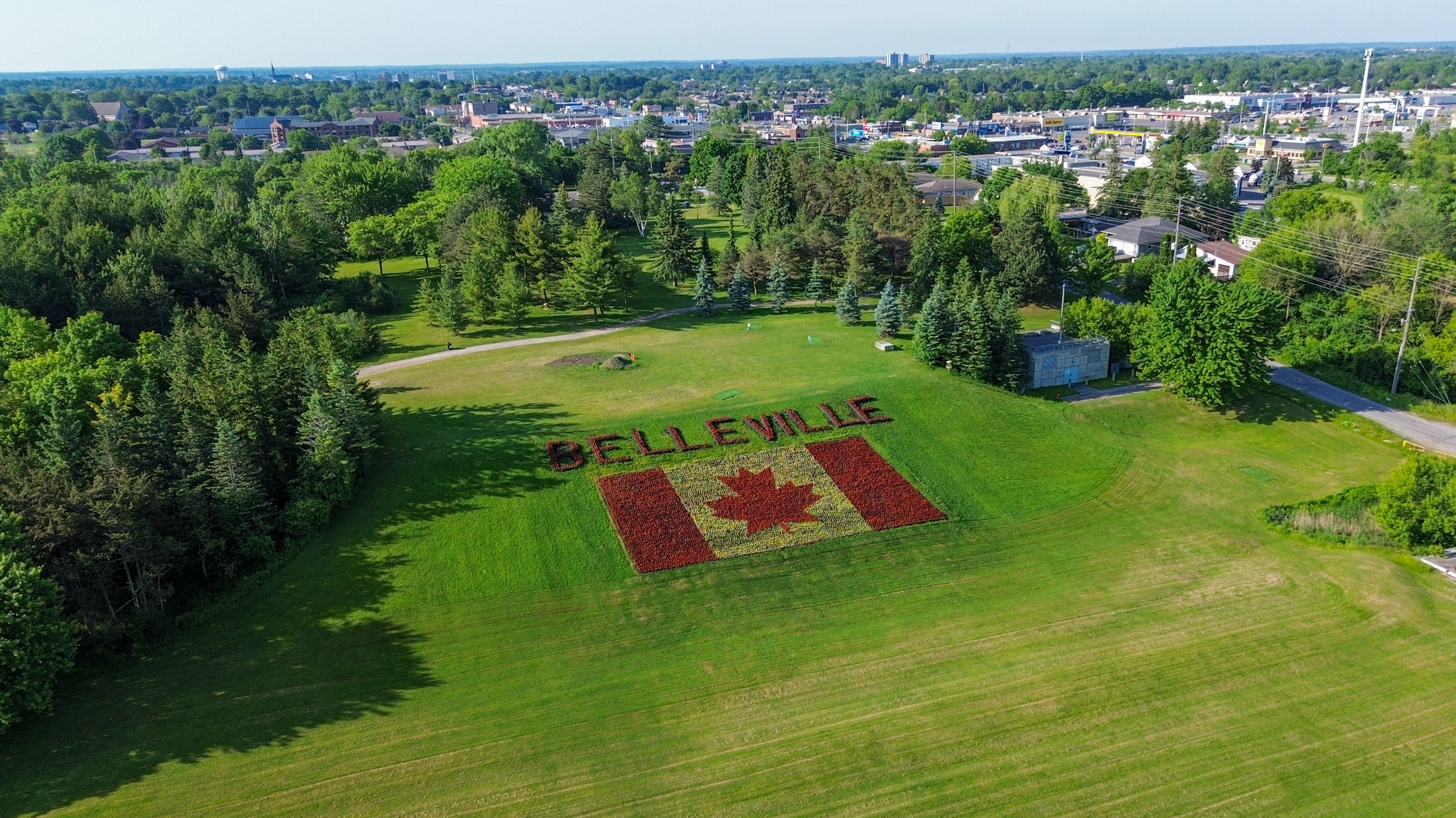 Aerial of Canada Flag floral display on 401 hill