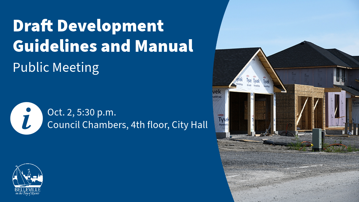 Graphic with a photo of a home being built with information about the Development Guidelines and Manual Public Meeting on Oct. 2 at 5:30 p.m. at City Hall.