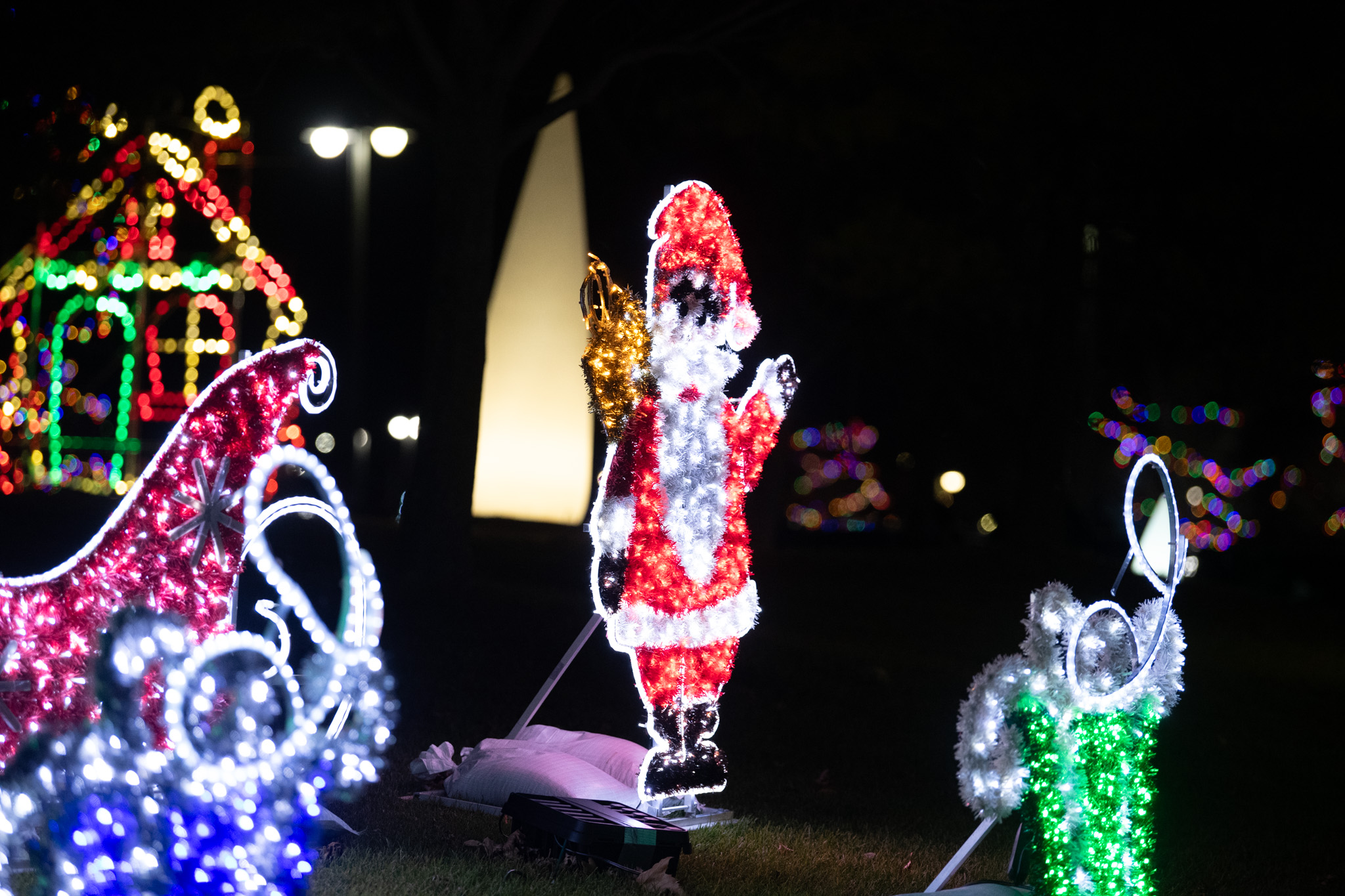 Holiday-themed lighting display at night