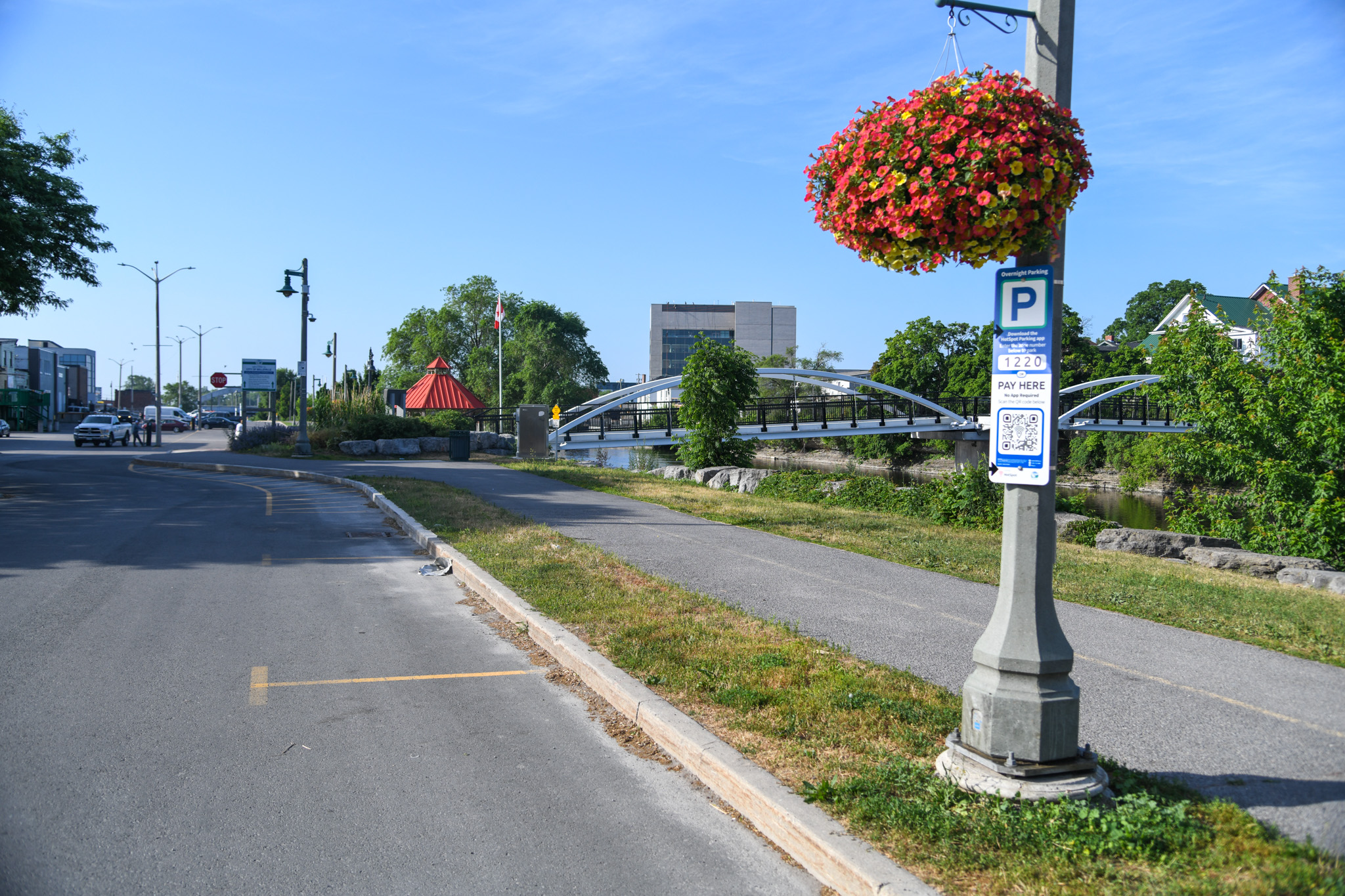 Light post on the side of the street with hanging flower pot