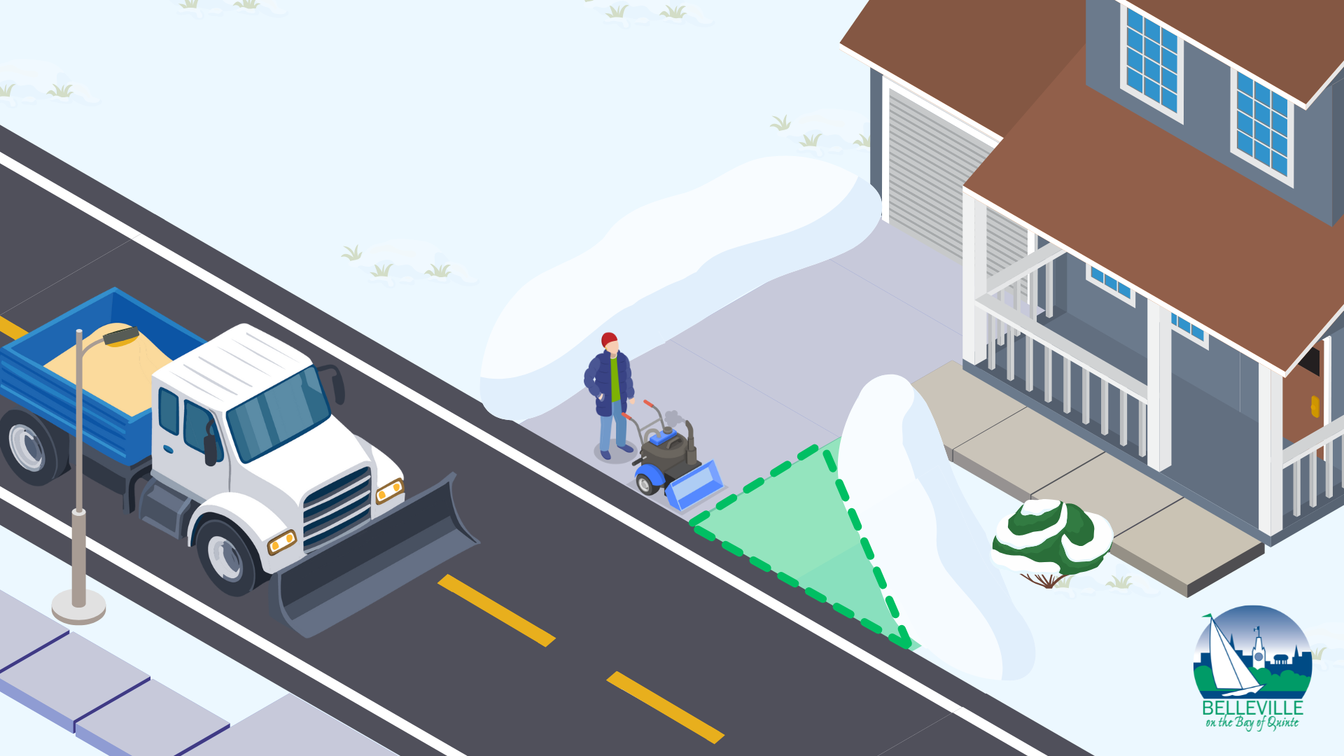 Person clearing "pocket" of space on left-hand side of driveway