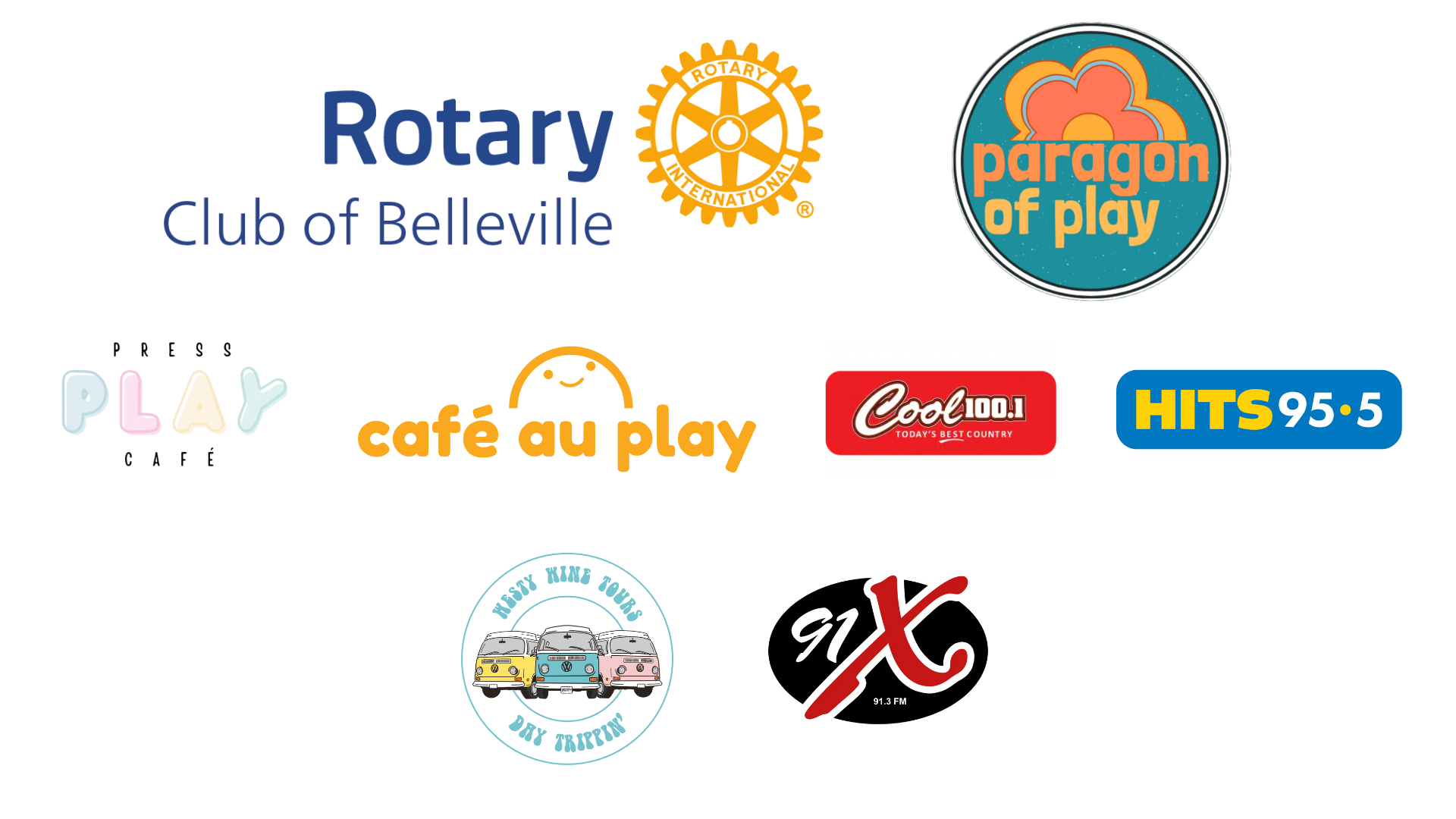 Logos of the 8 sponsors for Touch a Truck: Rotary Club of Belleville, Paragon of Play, Press Play Cafe, Cafe Au Play, Cool 100, Hits 95.5, Westy Wine Tours and 91X.