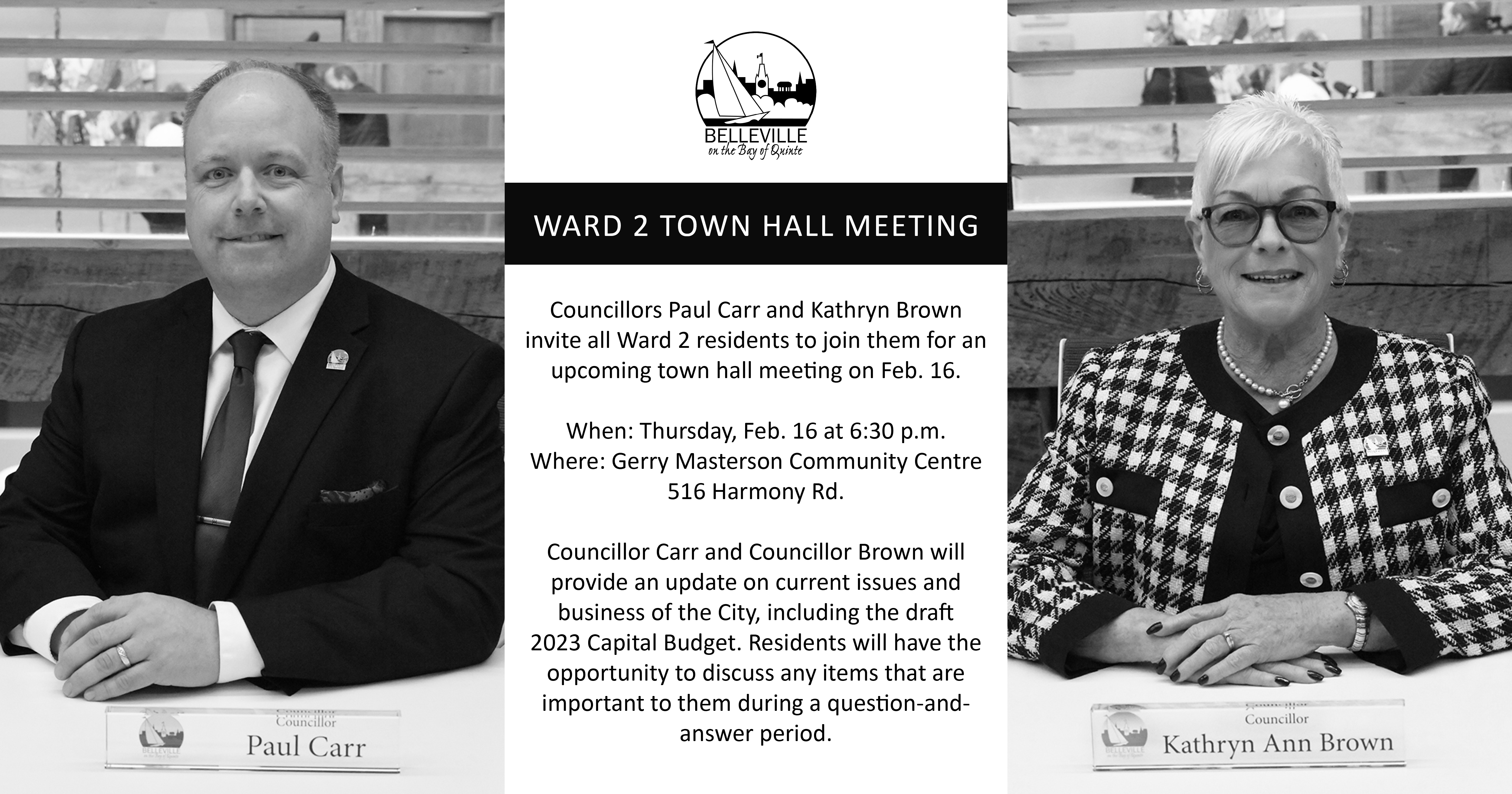 Graphic with photos of Councillor Paul Carr and Kathryn Brown with details about the upcoming Ward 2 Town Hall Meeting