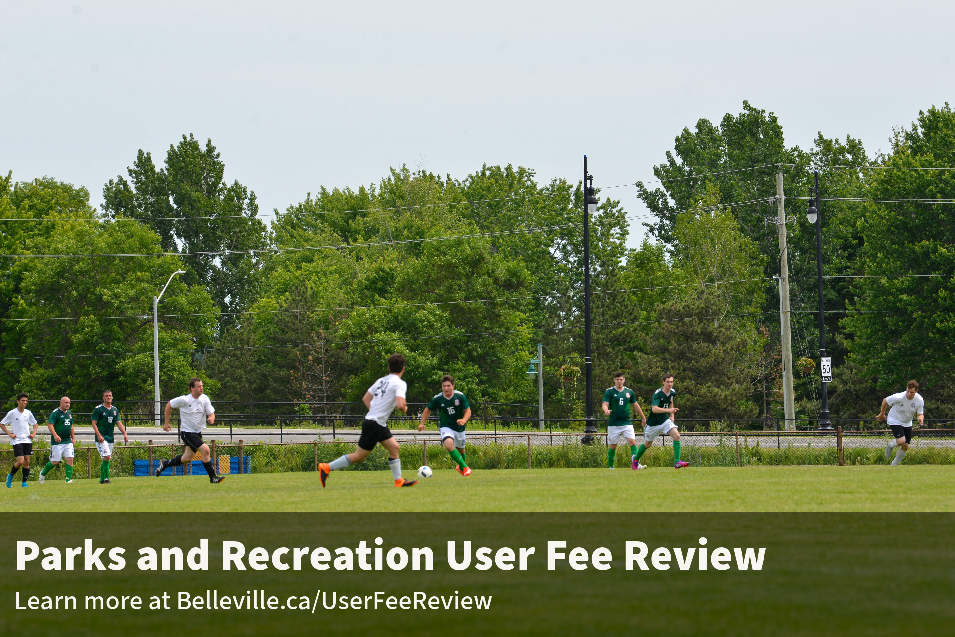 Photo of soccer players on a field with the text "Parks and Recreation User Fee Review" at the bottom.