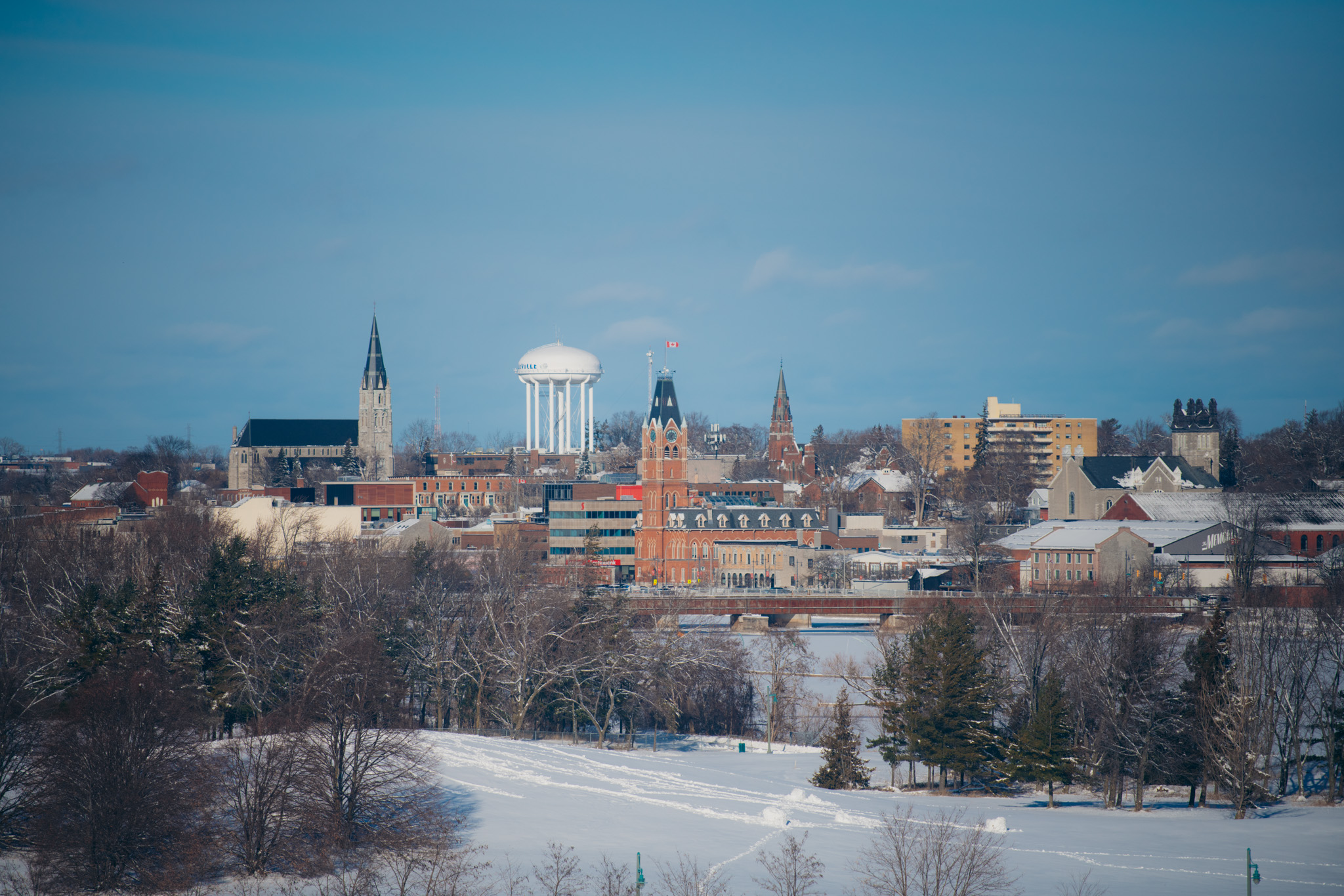Ariel of Belleville in winter with City Hall