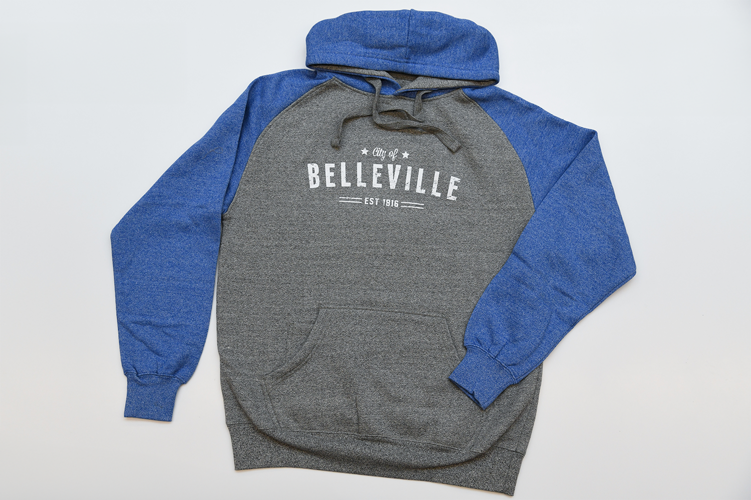 Grey and blue City of Belleville hoodie.