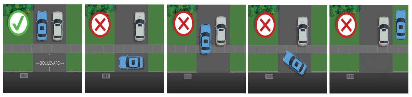 Illustration showing proper and improper residential driveway parking. The first panel, marked with a green checkmark, shows two cars parked fully on the paved driveway, behind the sidewalk, not encroaching on the grass or road. The next four panels, each marked with a red X, show incorrect parking: the second panel shows a blue car parked vertically on the boulevard; the third shows the blue car blocking the sidewalk; the fourth shows the blue car angled over the boulevard; and the fifth shows the blue car parked fully on the grass instead of the driveway. The image emphasizes that vehicles must be parked entirely on the driveway, behind the sidewalk, and not on the boulevard or grass or obstructing pedestrian paths.