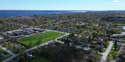Aerial of residential area in Belleville surrounding school and park