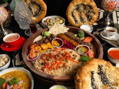 Plate of food on a table
