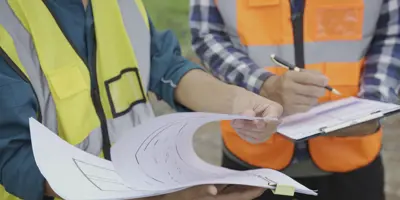 People in high vis vests looking at site plans and application form