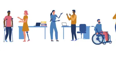 Illustration of a diverse group of people, including individuals using wheelchairs, crutches, and a guide dog, representing inclusion and accessibility.