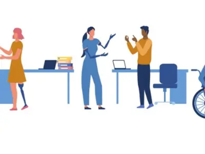 Illustration of a diverse group of people, including individuals using wheelchairs, crutches, and a guide dog, representing inclusion and accessibility.