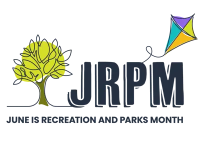 June is Recreation and Parks Month (JRPM) logo with tree and kite illustrations.