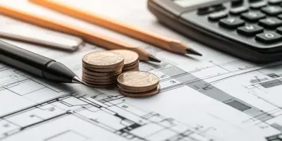 Coins, pencils and calculator on top of construction drawings